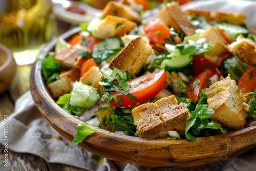 Close up of Levantine salad fattoush in a wooden bowl horizontal photo