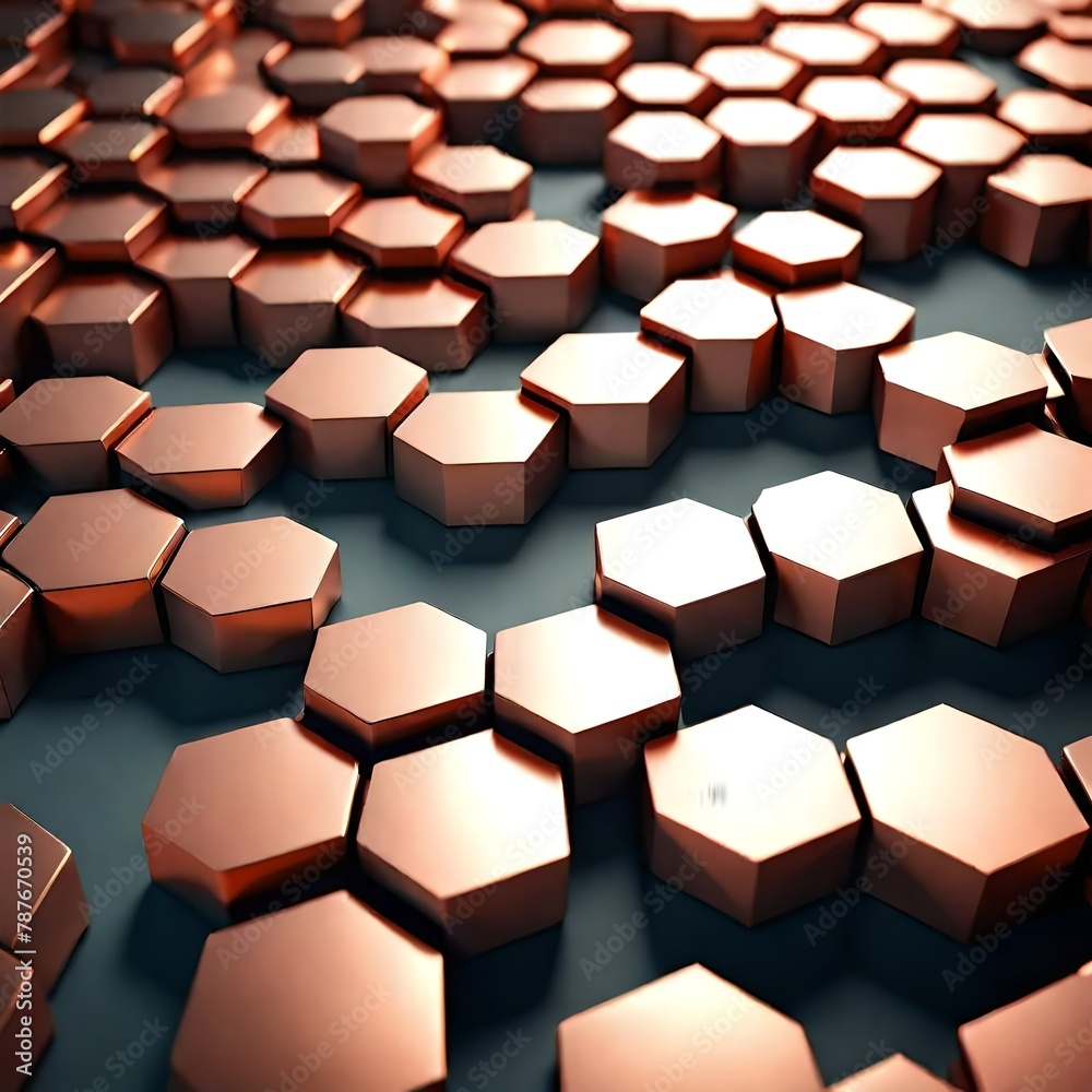 Displaced copper abstract hexagons background 3d render Displaced copper abstract hexagons background 3d render