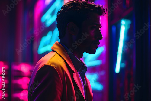 Stylish man in a bright colored suit stands against a backdrop of vivid neon lights in an urban setting