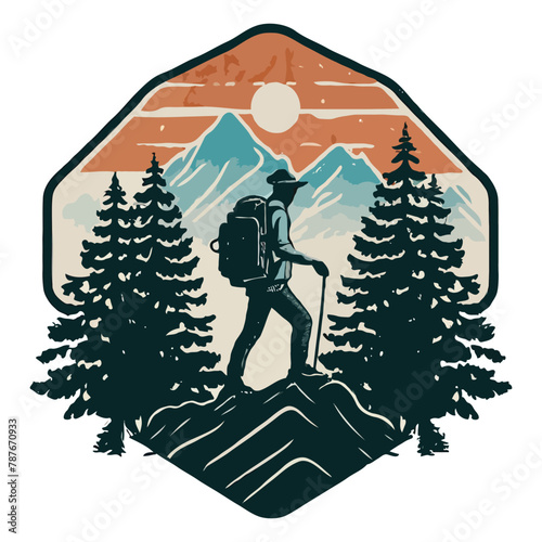 Mountain hiking and adventure illustration vintage t shirt design, minimalist tshirt, minimal design, summer shirt, mountain hiking, Vector illustration with wild, mountain, Hiker, and adventure