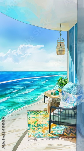 Showcases the balcony of the condominium, adorned with cozy seating that overlooks the gentle turquoise waves, providing a perfect nook for relaxation and seagazing photo