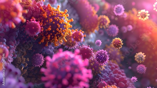 Rendered virus particles appear suspended in a microscopic view of a biological ecosystem, highlighted with a deep blue and pink color palette 