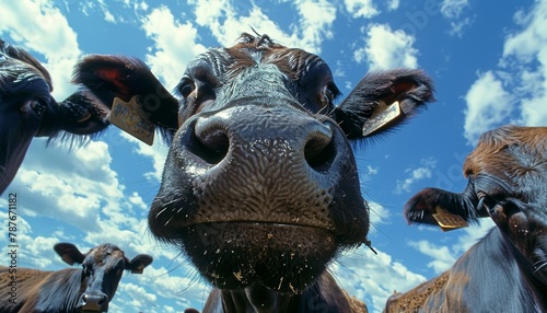 Close up shots of Black Angus bull and heifers captured with low angle perspective against a blue sky backdrop photo