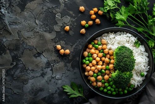Closeup of broccoli chickpeas and rice with copy space on food background