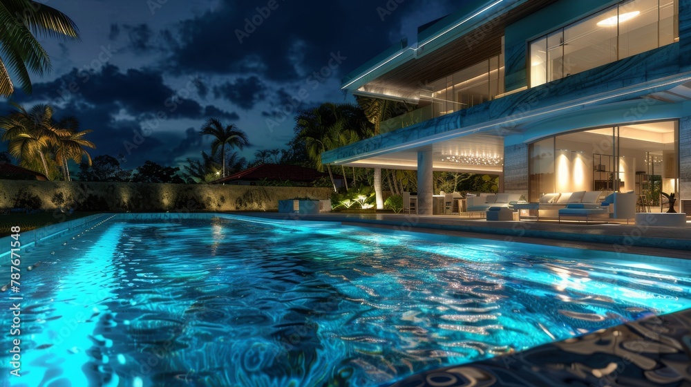 Showcases a nighttime view of the house and pool, with underwater lights casting a cool blue glow that transforms the area into a highend resortlike retreat