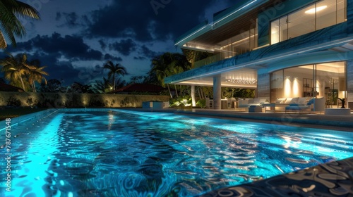 Showcases a nighttime view of the house and pool, with underwater lights casting a cool blue glow that transforms the area into a highend resortlike retreat © kitidach