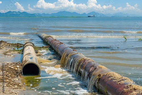 industrial wastewater discharge pipe polluting canal and sea environmental damage