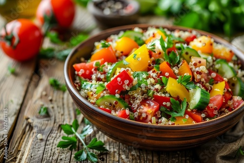 Colorful healthy salad with quinoa tomatoes pepper cucumber and parsley on wooden background Superfood dish