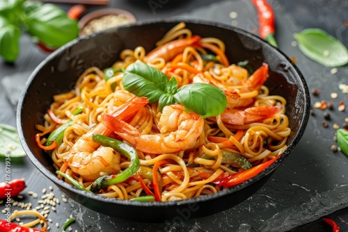 Cook stir fried noodles with veggies and shrimp in black pan Close up on slate