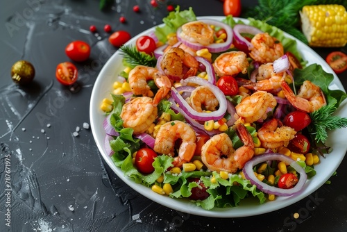 Corn and shrimp salad with cherry tomatoes red onions and lettuce on white plate Christmas party appetizer on dark background