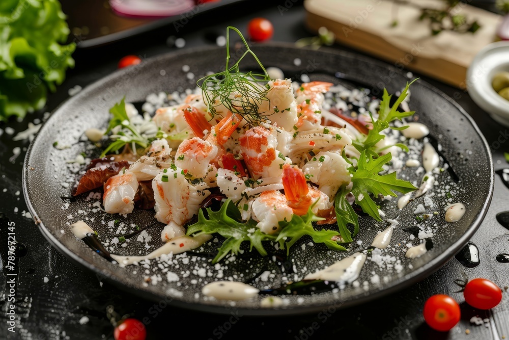 Crab salad on stone plate on black table