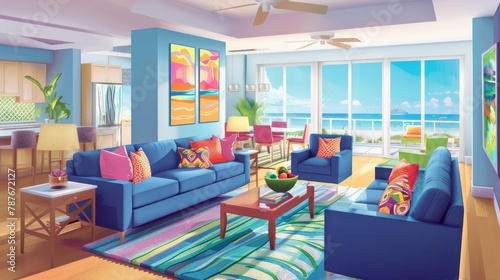 Showcases an artful display of marineinspired artwork in the condominium, using soft turquoises that complement the breathtaking sea views from the windows photo