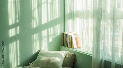 Sets up an image of a quiet reading nook inside the home, with soft green walls and sunlight filtering through sheer curtains, creating a tranquil space for relaxation