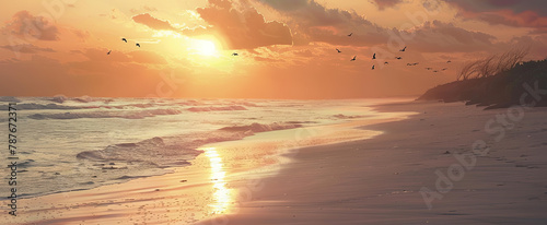 The image shows a magnificent sunset on a deserted beach  with the sun sinking below the horizon and illuminating the sky with warm shades of orange  red and pink.