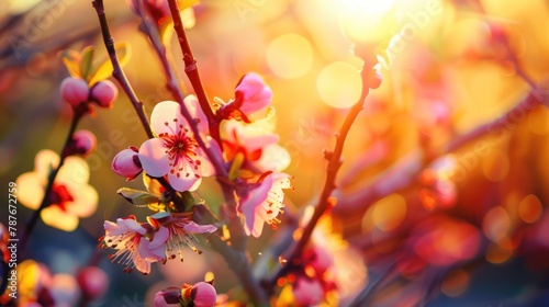 Beautiful nature spring flowering apricot tree scene with sun flare on blur background. AI generated © MUCHIB