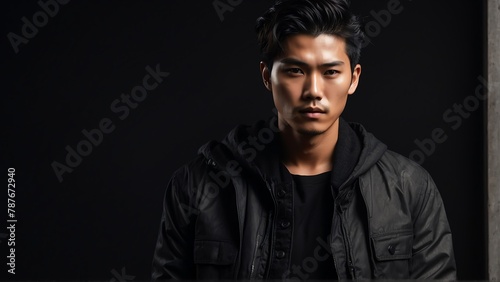 asian guy black theme fashion generation-z influencer posing for ad product promotion from Generative AI