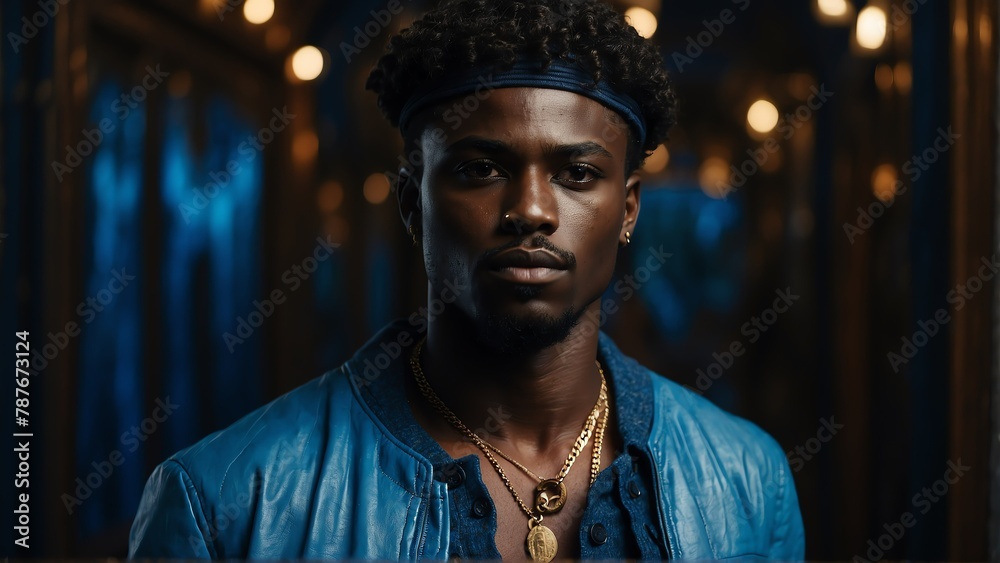 black african guy blue theme fashion generation-z influencer posing for ad product promotion from Generative AI