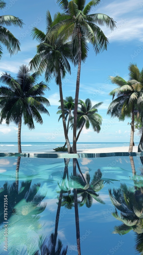 Photographs the reflection of palm trees on the waters surface, with the tranquil aqua of the pool creating a tropical and peaceful retreat atmosphere