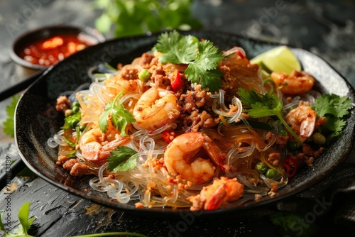 Delicious Thai cuisine of spicy glass noodles with pork and shrimp on a dark background