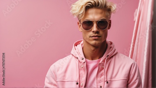 blonde guy pink theme fashion generation-z influencer posing for ad product promotion from Generative AI