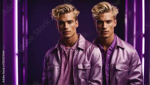 blonde guy purple theme fashion generation-z influencer posing for ad product promotion from Generative AI © SevenThreeSky