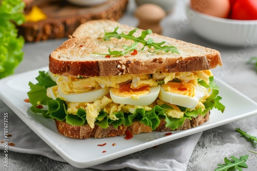 Egg salad sandwich on square white plate