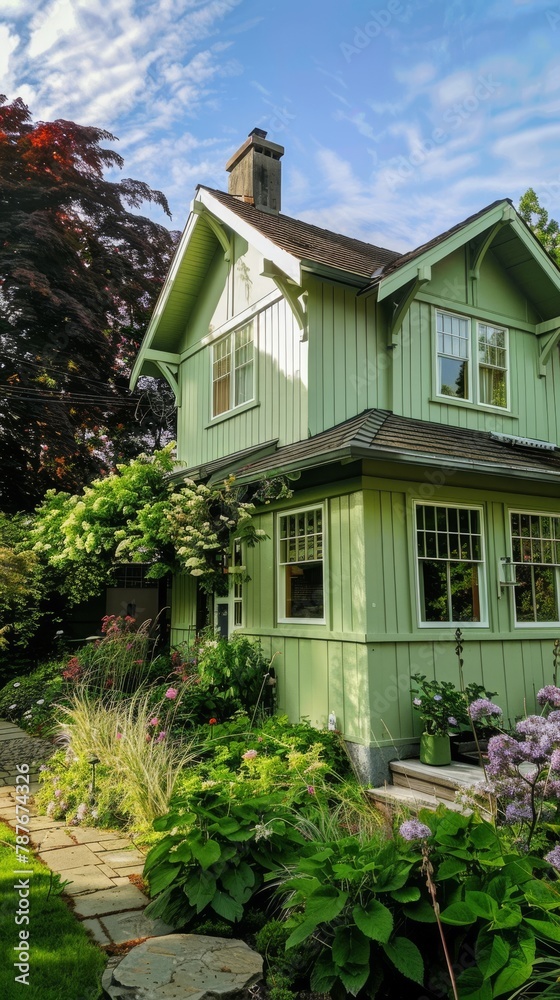 Photographs the exterior of a home painted in soft greens, blending harmoniously with a wellkept garden, embodying serenity and natural beauty