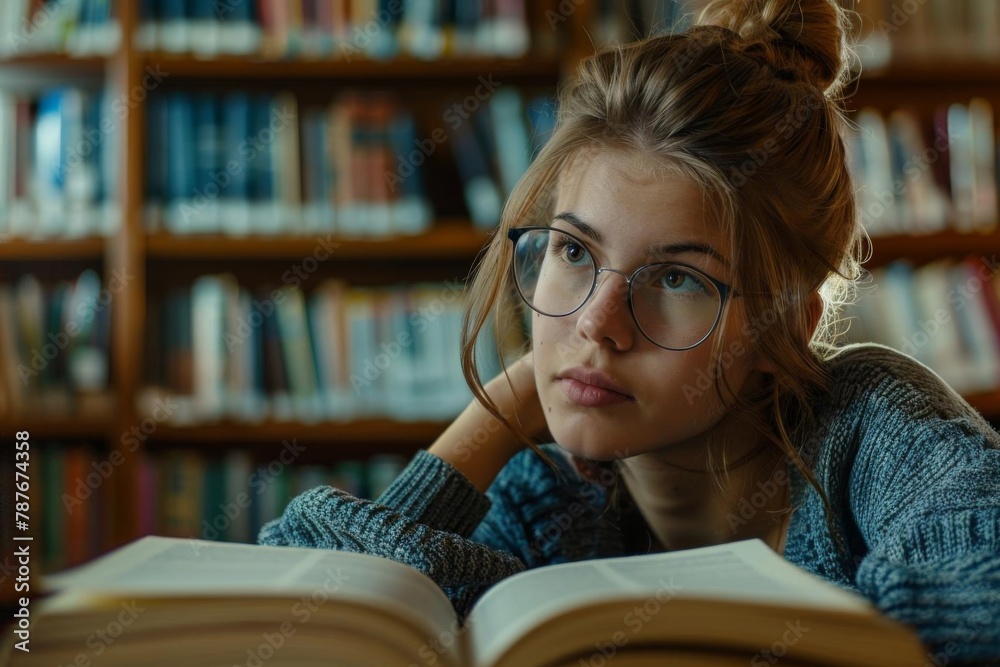 library diligence attractive woman focused on homework glasses and book candid photo - obrazy, fototapety, plakaty 