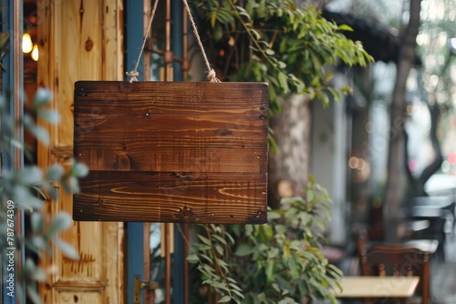 Empty wooden signboard on cafe background