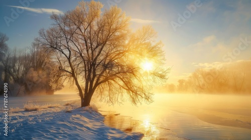 Panoramic lake with golden sunrise at winter foggy morning landscape. AI generated image