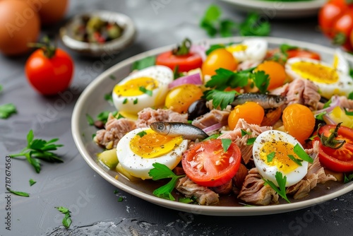 French Nicoise Salad with tuna anchovy eggs tomatoes