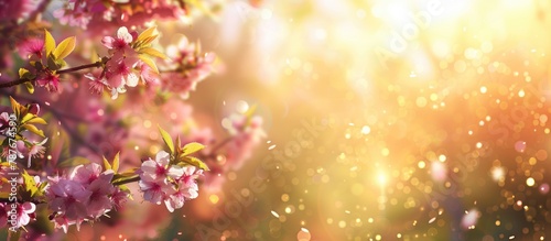 Spring-themed border or background featuring pink blossoms. A lovely natural setting with a blooming tree and sunlight. Bright and sunny weather highlighting spring flowers in a charming orchard.