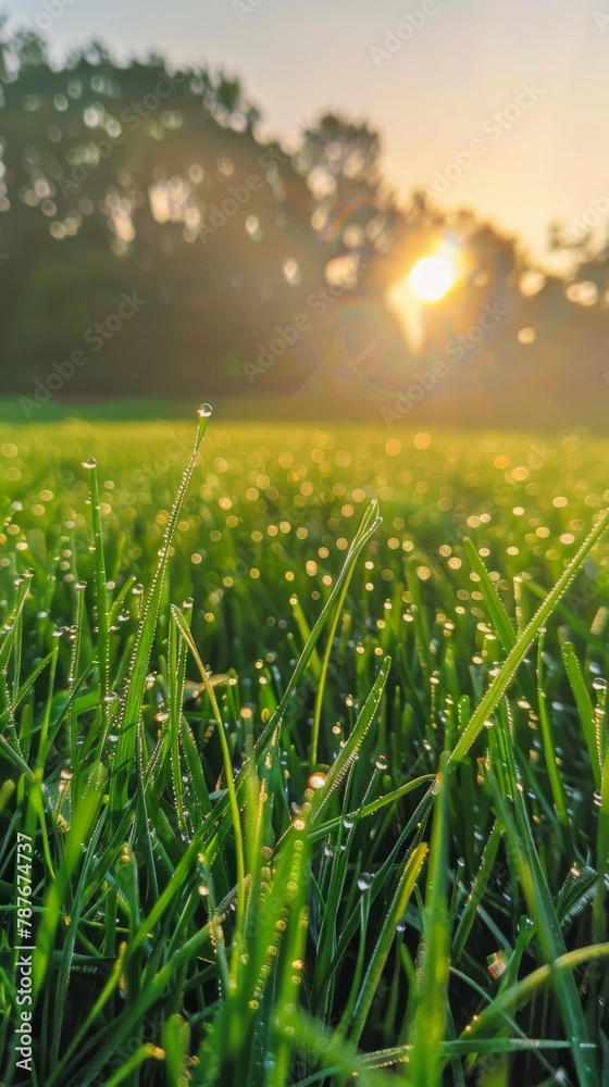 Photographs the early morning dew on grass, with the sun rising over the lush green landscape, illustrating the lands raw beauty and potential