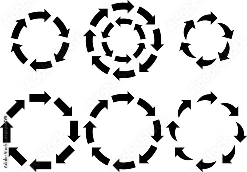 Recycling symbol or rotating cycle isolated on white screen. Eight and five circular black arrows.