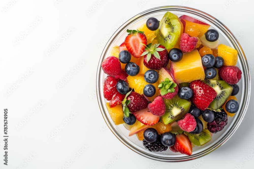 Fresh fruit salad in white bowl top view Fresh fruit salad in white bowl top view