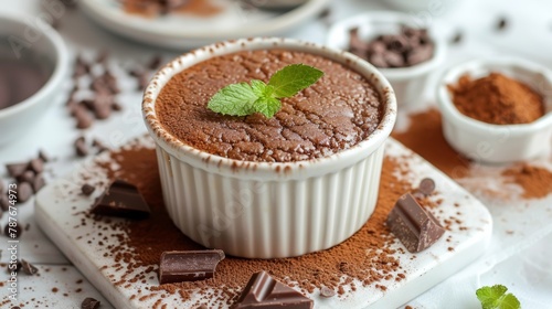 Classic soufflé with a dusting of cocoa powder and a sprig of mint for an elegant dessert