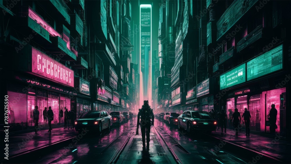 the neon-lit streets of a futuristic cybernetic cityscape,   dark dystopian color palette and intricate details to depict towering skyscrapers