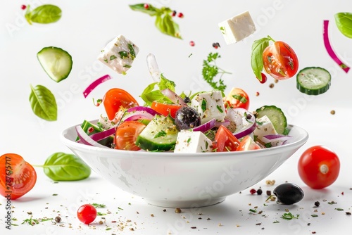 Fresh Greek salad ingredients falling into white bowl