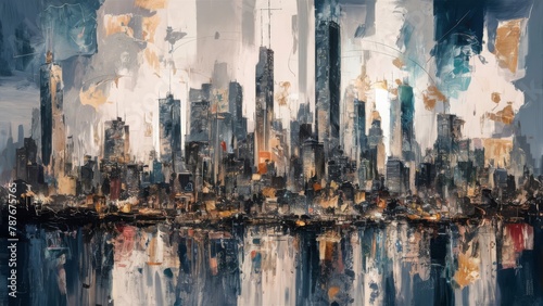  an abstract interpretation of a city skyline. gestural brushstrokes, the dynamic energy of urban life through bold, expressive forms and dynamic compositions