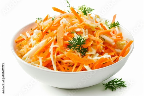 Fresh healthy coleslaw salad with carrots and oil on white background