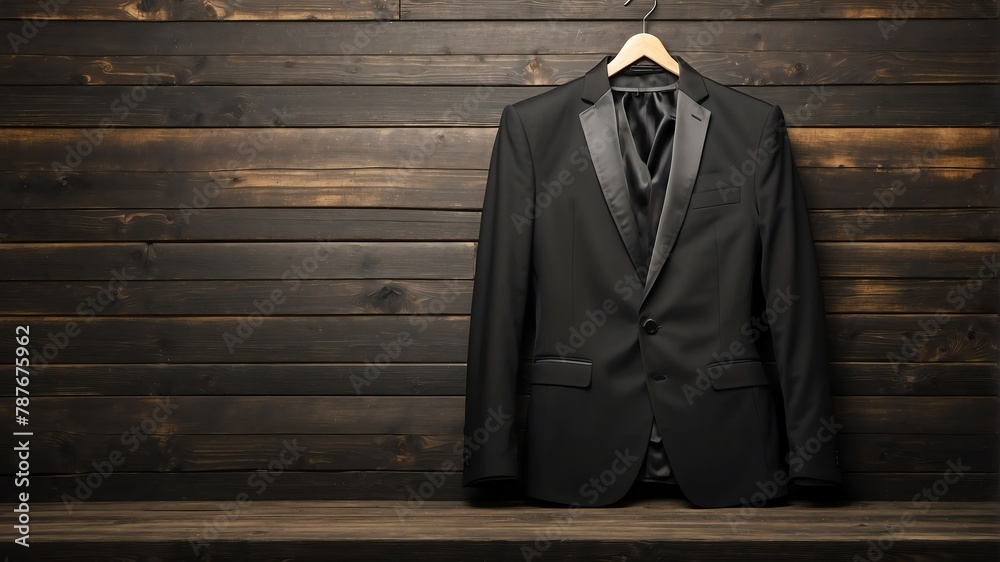black formal suit on old wooden wall background from Generative AI - obrazy, fototapety, plakaty 