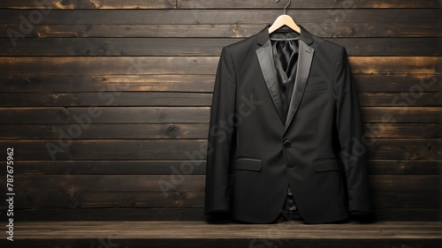 black formal suit on old wooden wall background from Generative AI photo