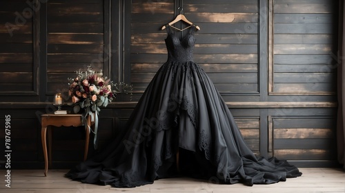 black wedding dress on old wooden wall background from Generative AI