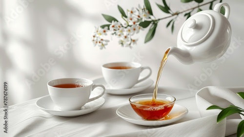 Sunlit tea time with fresh pour from teapot beside a vase of blooming daisie