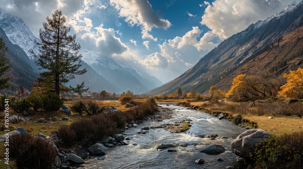 Beautiful serene landscape of river valley with mountain background. AI ...