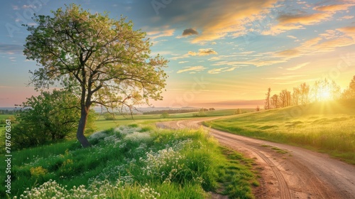 Beautiful green trees and country dirt road at morning sunrise in springtime landscape. AI generated