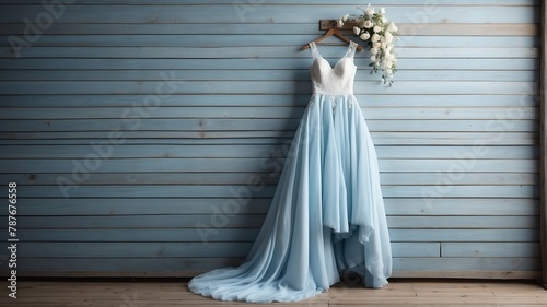 light blue wedding dress on old wooden wall background from Generative AI © Arceli