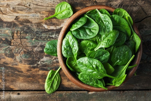 Fresh spinach on wooden table Top view