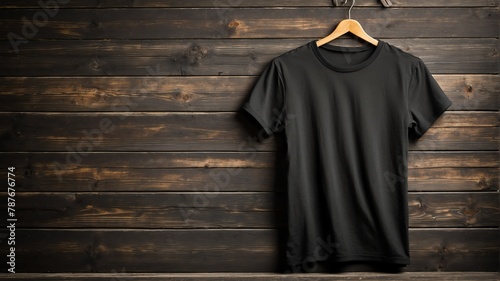 plain black tshirt on old wooden wall background from Generative AI © Arceli