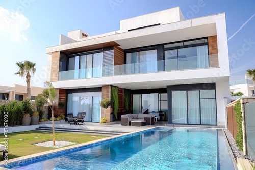luxurious contemporary house exterior with swimming pool modern architecture and lifestyle © Lucija